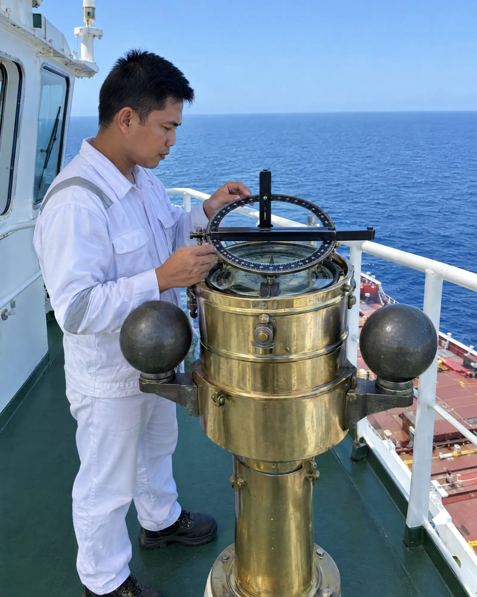 A compass adjuster takes a bearing on a magnetic compass binnacle