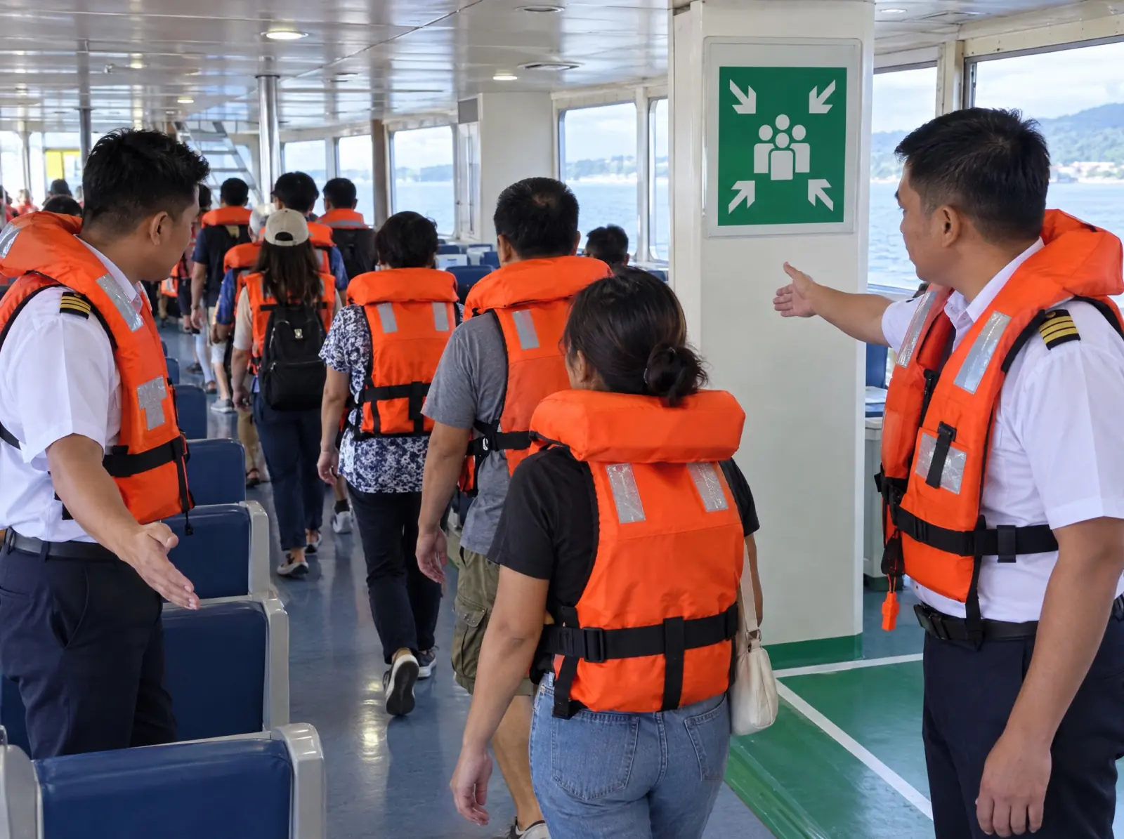 Crew in lifejackets guide passengers to a muster station during a drill