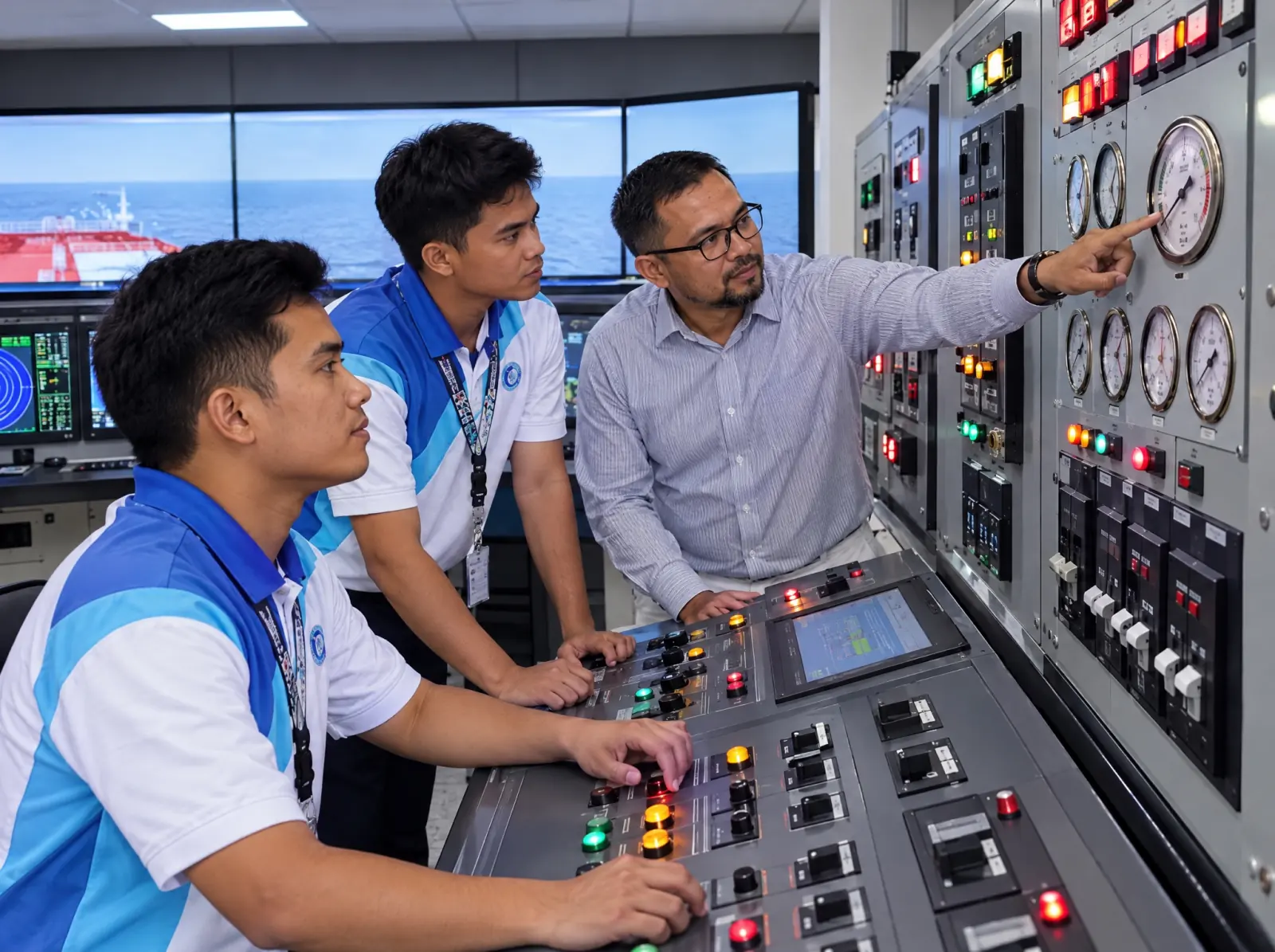 Trainees at an engine control room simulator with an instructor