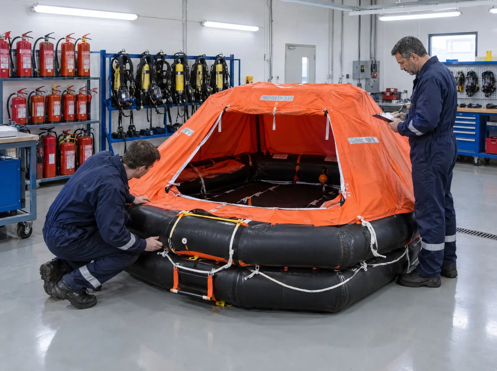 Technicians inspect an inflated liferaft beside serviced fire extinguishers