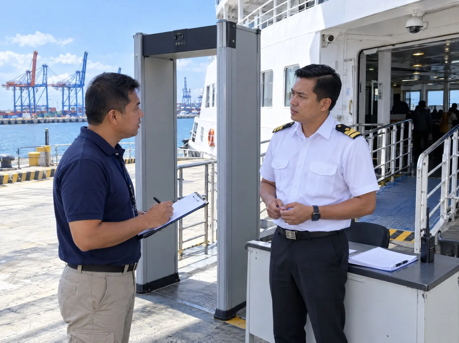 A security auditor reviews access control with a ship security officer at the gangway
