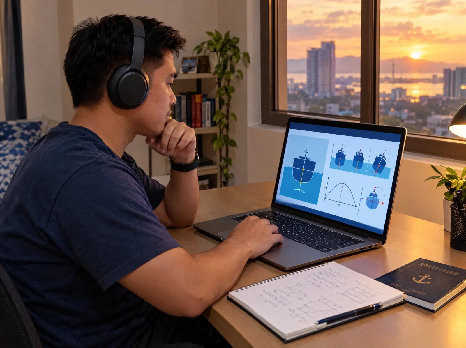 A seafarer studies an online maritime course on a laptop