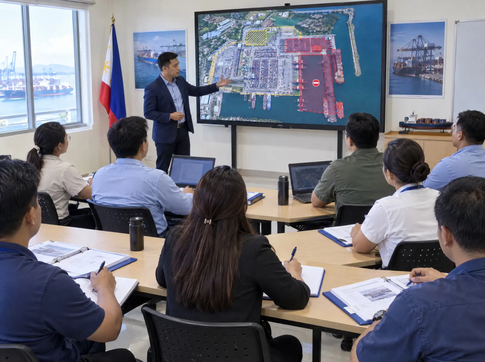 An instructor walks port security trainees through a terminal layout