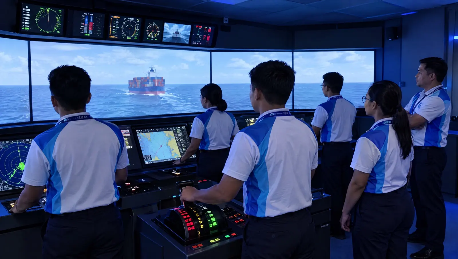 Trainees at the conning console of a full mission bridge simulator