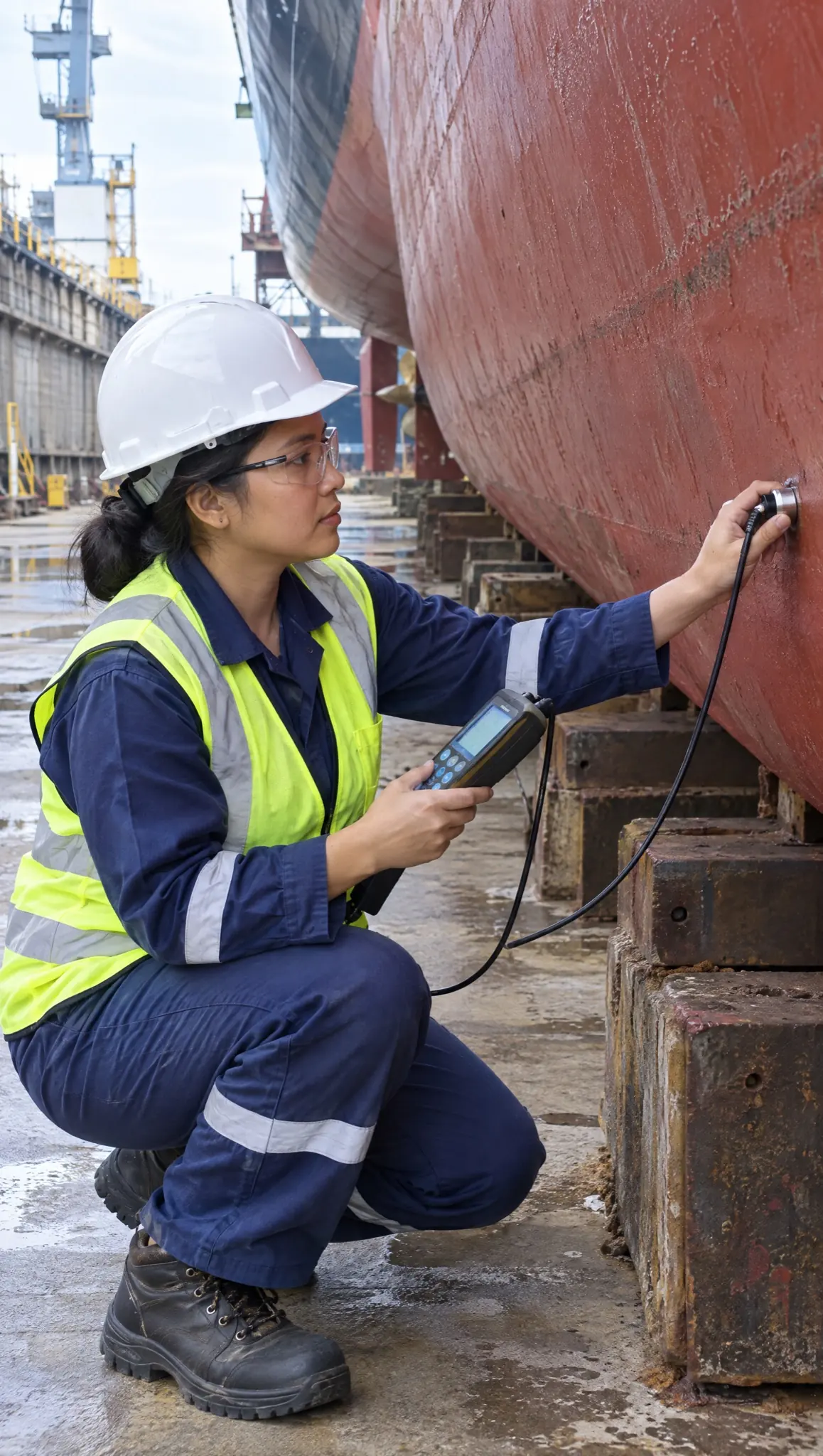 A surveyor takes ultrasonic thickness readings on a hull in dry dock